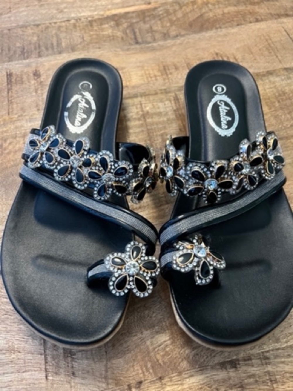 NEW Silver and Gold Rhinestone Bejeweled Black Atalina Flat Sandals size 8